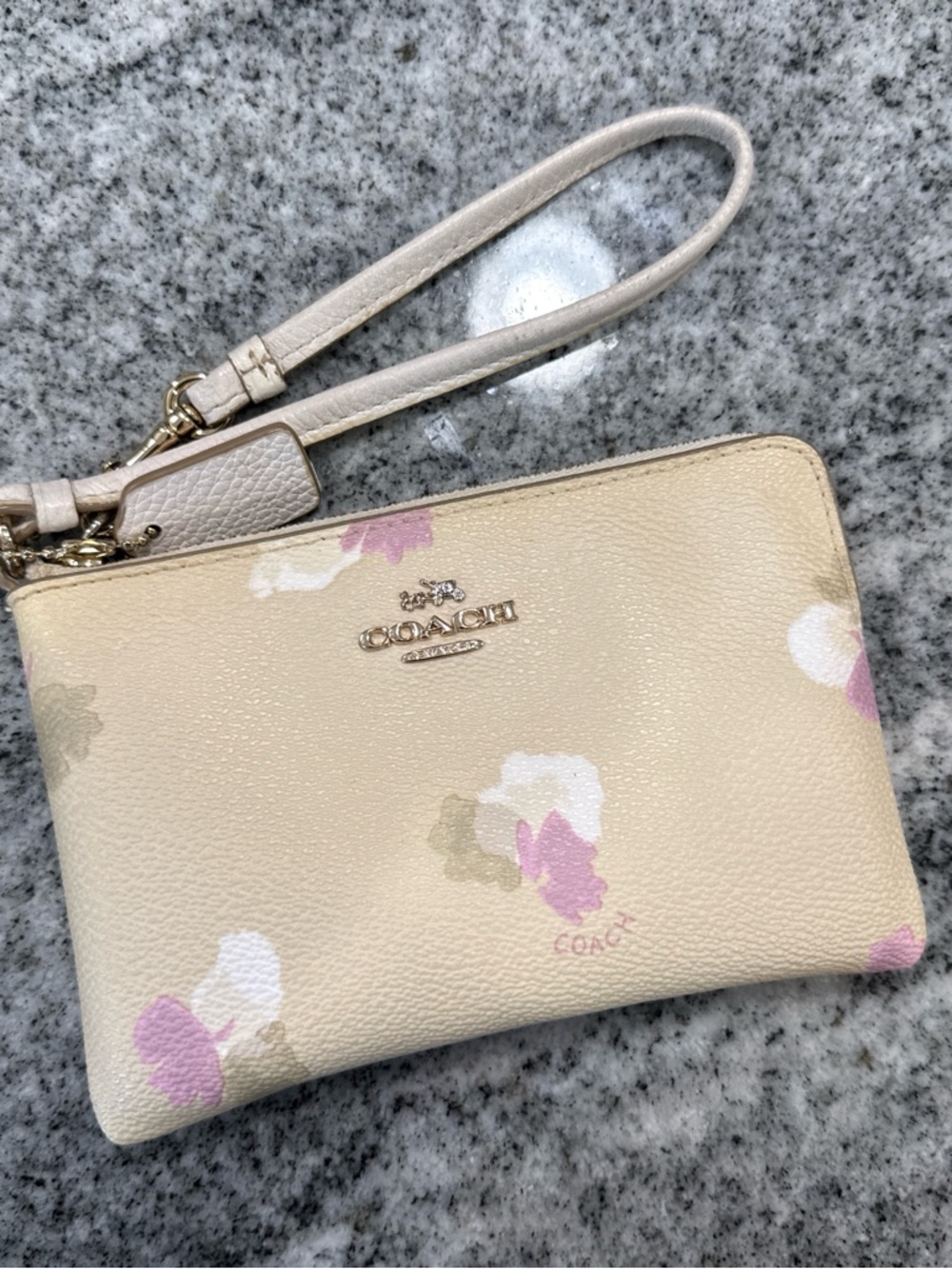 Coach Cream Floral Leather Wristlet with Pink Accents